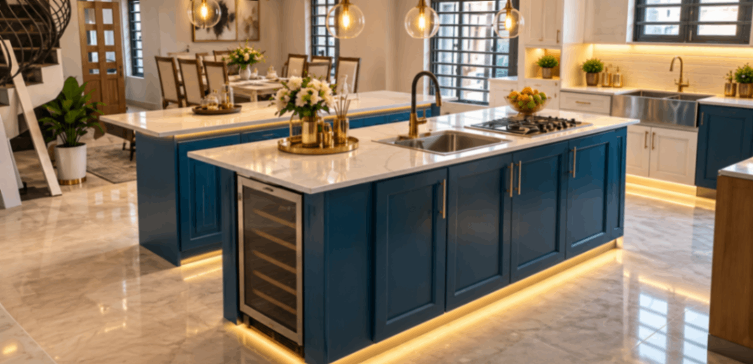 Luxurious Navy Kitchen and Dining Space
